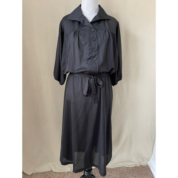 No Brand/Unknown Dresses & Skirts - Vintage Black Sheer Embossed Polka Dot Pleated Half Button Down Tie Waist Dress